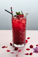 Vibrant Red Cocktail Garnished with Mint and Raspberries