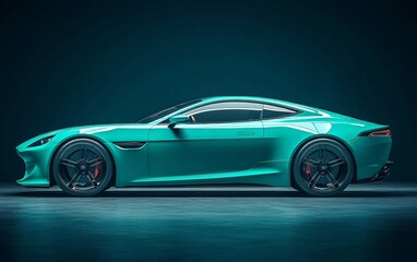 Sleek, modern sports car showcasing a vibrant turquoise color in a minimalist studio setting with dramatic lighting.