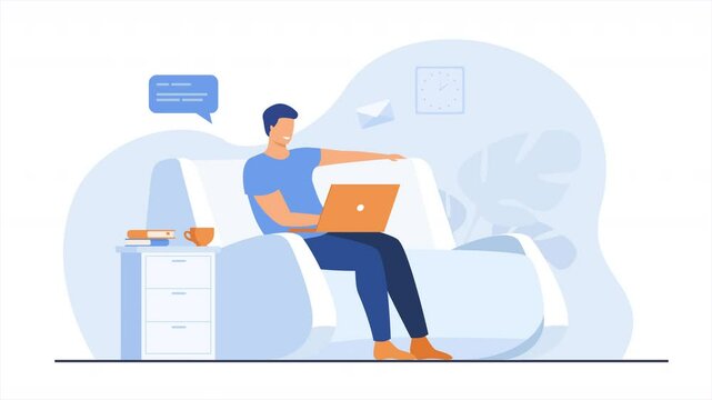 Cartoon Man Sitting Sofa in Living Room, Working on Laptop Computer.