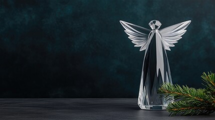 Elegant crystal angel figurine showcased against dark teal background with lush evergreen branch representing peace and hope during festive season depicted in sharp focus and soft tones