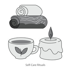 Vector icon for self-care rituals. A spa candle, herbal tea, and towel, symbolizing relaxation and personal pampering.