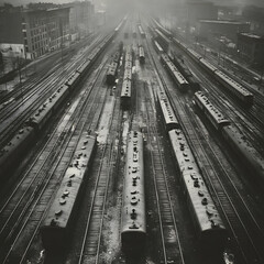 High-Angle View of a Railway Yard Featuring Multiple Intersections and Tracks Under Clear Blue Sky