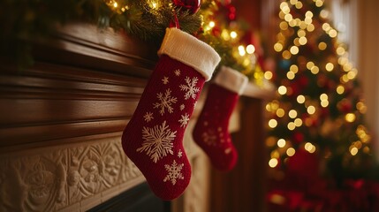 A close-up of a Christmas stocking hanging on a decorated mantel with lights clean background--C100