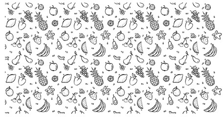 fresh fruits Seamless background pattern of organic farm fruits. Vector illustration. Outline thin line style doodle design.