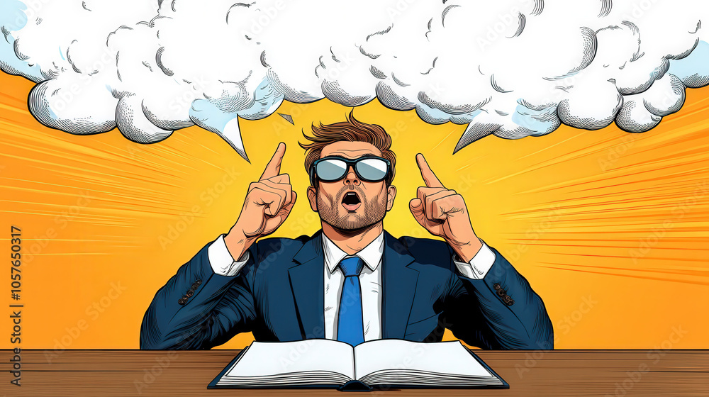 Poster a man in glasses points upwards with a thought bubble above, seated at a desk with an open book, set