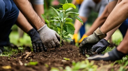A diverse group of people participating in a tree planting event in a lush green park, highlighting teamwork and environmental responsibility.