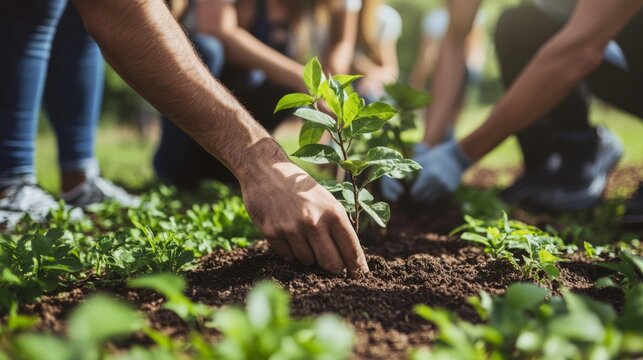 A diverse group of people participating in a tree planting event in a lush green park, highlighting teamwork and environmental responsibility.