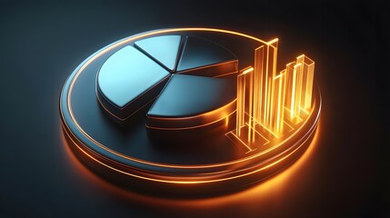 
Cute isometric 3D image of 3D pie chart and bar chart in realistic metallic silver illuminated by neon gold. add floating, transparent charts and circular measurement tools. ensure perfect shapes and