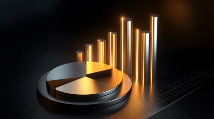 
Cute isometric 3D image of 3D pie chart and bar chart in realistic metallic silver illuminated by neon gold. add floating, transparent charts and circular measurement tools. ensure perfect shapes and