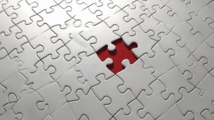 Jigsaw Puzzle Close-Up with Red Piece in Empty Gap