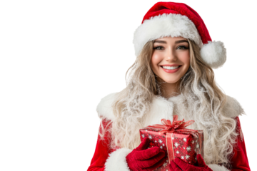 Smiling Santa woman with warm and kindly expression, spreading Christmas cheer, isolated on transparent background, perfect for holiday promotions