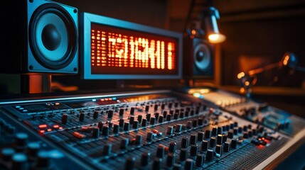 A high-tech studio with a prominent on-air sign, featuring a large soundboard, multiple microphones, and studio lights arranged to create a professional broadcast environment.
