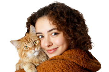 Beautiful woman smiling with happiness as she holds her beloved cat isolated on transparent png background.
