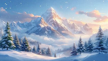 Fototapeta premium Winter mountain peaks and fir trees covered with snow, New Year's card