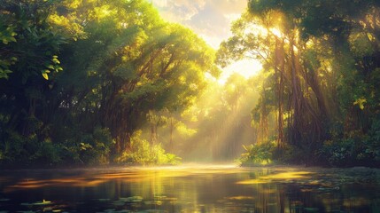 Serene Morning Light in Lush Forest Landscape