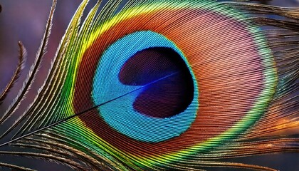 Naklejka premium Close-up of a peacock feather's eye with vibrant iridescent colors. 