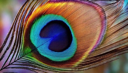 Fototapeta premium Close-up of a peacock feather's eye with vibrant iridescent colors. 