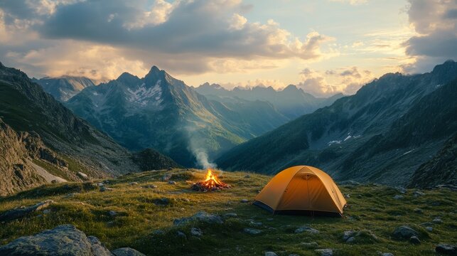 A panoramic view of a mountain camping site with a cozy tent set up on a grassy clearing, surrounded by rugged peaks and distant clouds, a campfire softly glowing in the twilight.