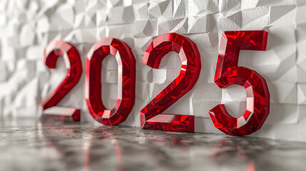 New year 2025 rendered in bold, red, crystallike numbers against a white, geometric backdrop. Numbers cast a subtle reflection on the grey floor.  Happy New Year 2025 Concept.