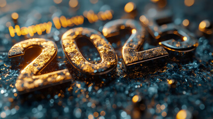A closeup of the year 2025 in gold with a blurred background of golden and blue sparkling glitter.  Happy New Year 2025 Concept.