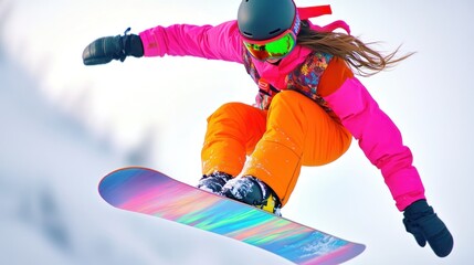 Naklejka premium Snowboarder mid-air with a colorful snowboard