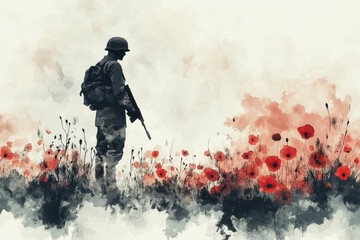 Silhouette of soldier standing in red poppies flowers. Remembrance Day, Memorial, Armistice, Anzac day background