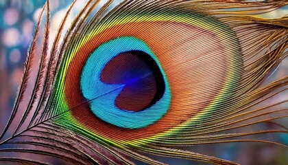 Obraz premium Close-up of a peacock feather's eye with vibrant iridescent colors. 