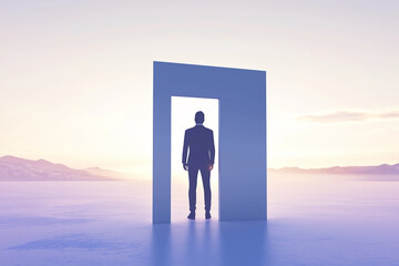 Fototapeta premium In the tranquil dawn light, a lone individual gazes thoughtfully at a radiant door amidst a serene landscape, symbolizing hope and fresh starts. Generative AI