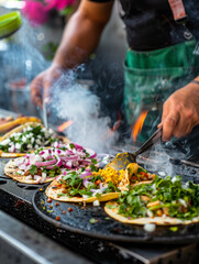 Street vendor cooking fresh tacos with vibrant toppings