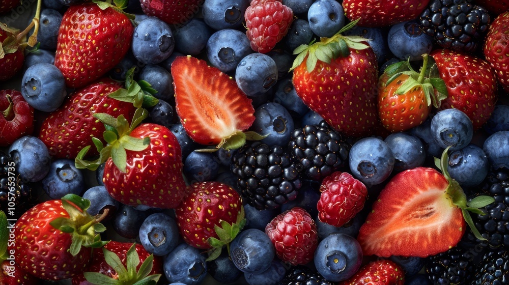 Poster a visually appealing spread of assorted berries with a focus on the bright red of strawberries, the 
