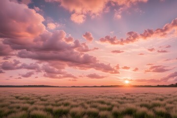 Obraz premium Soft pink and orange sunset over an open field the sky full of fluffy clouds, AI Generated