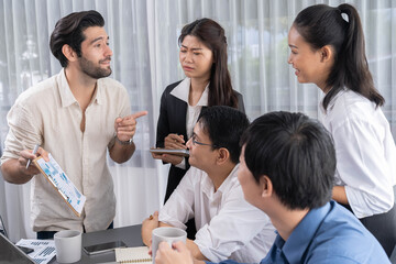 Group of diverse office worker employee working together on strategic business marketing planning in corporate office room. Positive teamwork in business workplace concept. Prudent