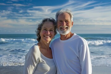 Fototapeta premium Portrait of a happy caucasian couple in their 60s sporting a long-sleeved thermal undershirt in tranquil ocean backdrop