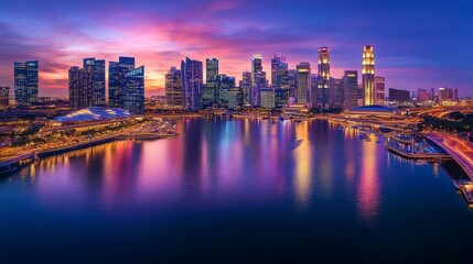 Obraz premium A vibrant city skyline at sunset reflecting on a calm body of water, showcasing urban beauty and tranquility.