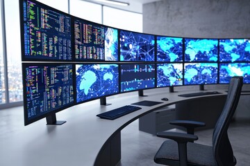Naklejka premium Advanced Data Visualization in a High-Tech Control Room with Multiple Monitors Displaying Global Information