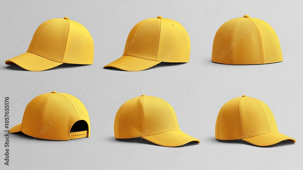 Wall mural collection of yellow Baseball Cap in Angles View Front and Back Mockup 