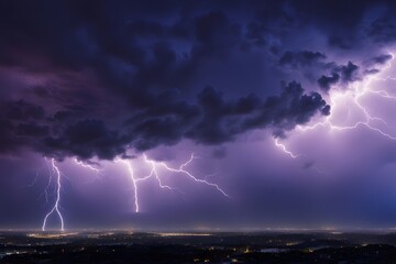 Stormy twilight sky with deep blues and purples lightning illuminating the dark clouds over a city, AI Generated