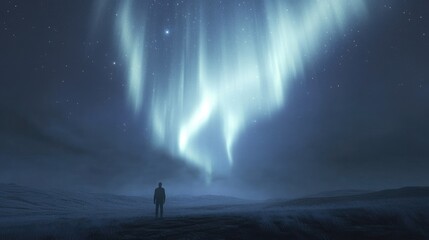 A Solitary Figure Gazing at the Aurora Borealis in a Night Sky Filled with Stars