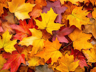 Fototapeta premium Closeup of Bright, colorful and beautiful Fall autumn leaves for background wallpaper or business banner lit by bright sunny daylight