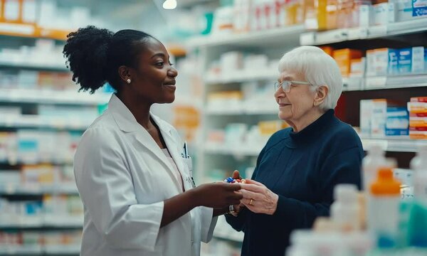 Pharmacist providing medication to an elderly woman, offering guidance and support in a friendly and inviting pharmacy setting