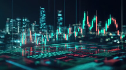 Futuristic stock market data visualization showcasing fluctuating graphs and candlestick patterns against a vibrant city skyline at night. Ideal for finance presentations, trading analysis, and modern