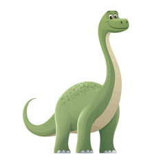 A friendly and cheerful cartoon brachiosaurus dinosaur smiles with a bright, welcoming expression isolated on transparent background, cut out, png. Perfect for children's books