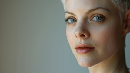 Albino woman with short white hair, confident look, subtle makeup, soft lighting