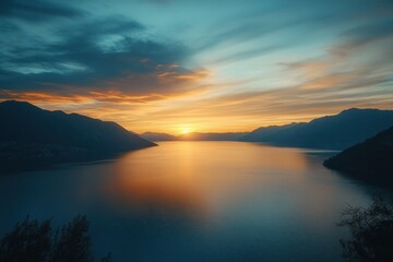 Serene Sunset Over Calm Waters in Mountain Landscape