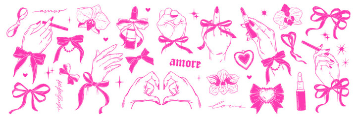 Woman elegant hands, vector doodle line female arm gesture set, pink coquettish ribbon bow, lipstick. Love sign, feminism girly logotype, romantic design element, flowers. Woman hands aesthetic print