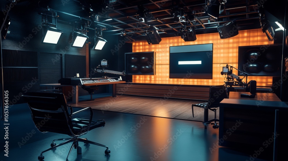 Poster An empty broadcast studio set up with an on-air indicator visible on the wall, sleek studio chairs, and a desk with broadcasting equipment, illuminated by spotlights.
