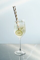 Elegant Clear Beverage with Lime and Pair of Straws