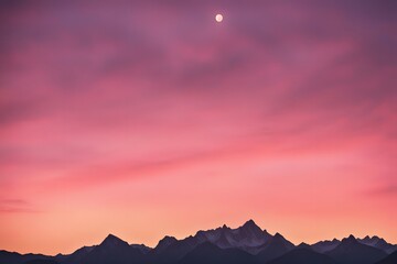 Sunrise over a mountain range sky filled with warm pink and golden hues peaks silhouetted, AI Generated