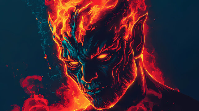 Red devil in the night. Fire Demon. Illustration