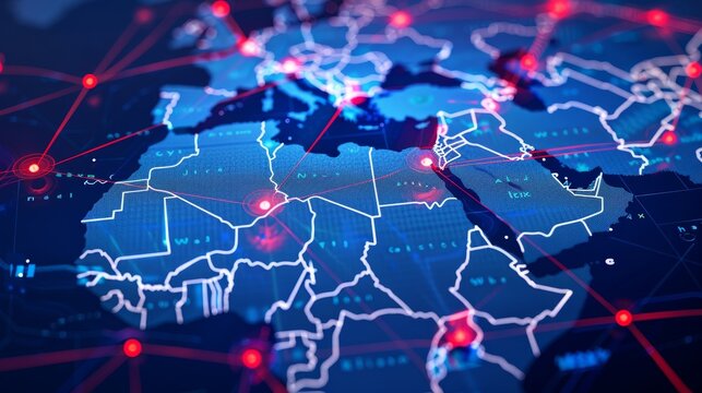 Abstract map of saudi arabia and mena  global connectivity, data transfer, and cyber technology